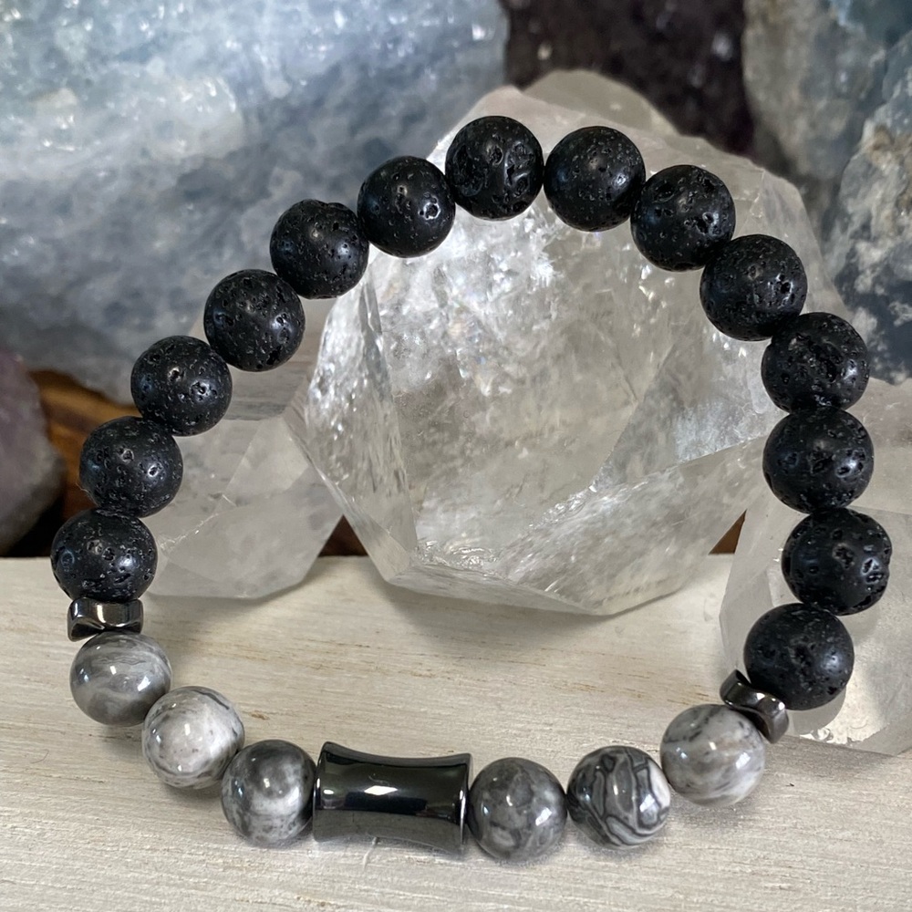 Grey Lace Agate, Lava Stone and Hematite Natural Stone Bracelet - Unisex